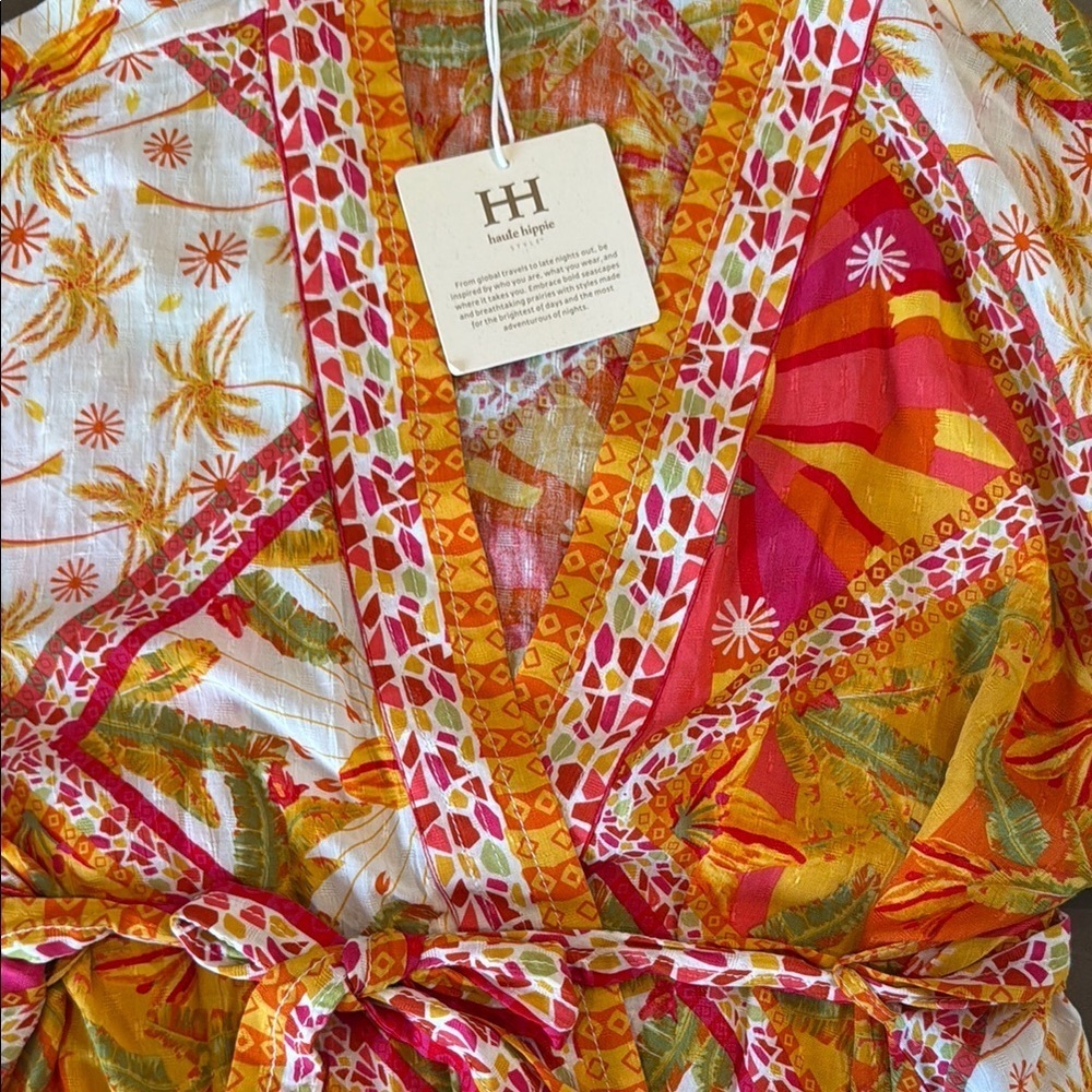Haute Hippie White Multi Tropical Pineapple Belted Kimono Jacket Size Medium NWT - Picture 6 of 14
